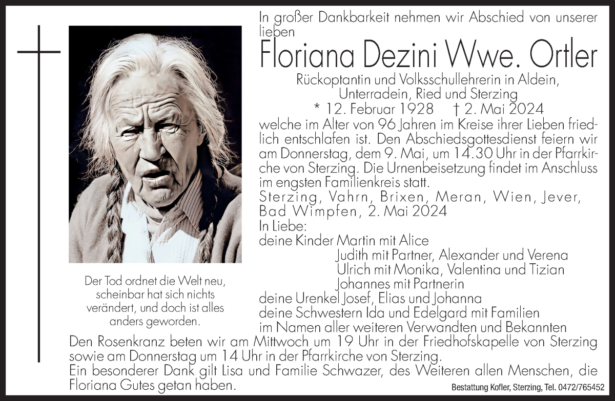  Traueranzeige für Floriana Ortler vom 06.05.2024 aus Dolomiten