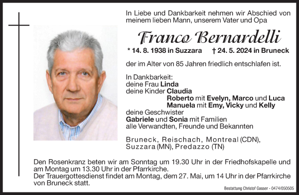 Traueranzeige von Franco Bernardelli von Dolomiten