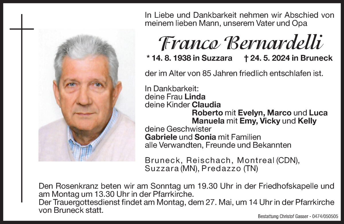  Traueranzeige für Franco Bernardelli vom 25.05.2024 aus Dolomiten