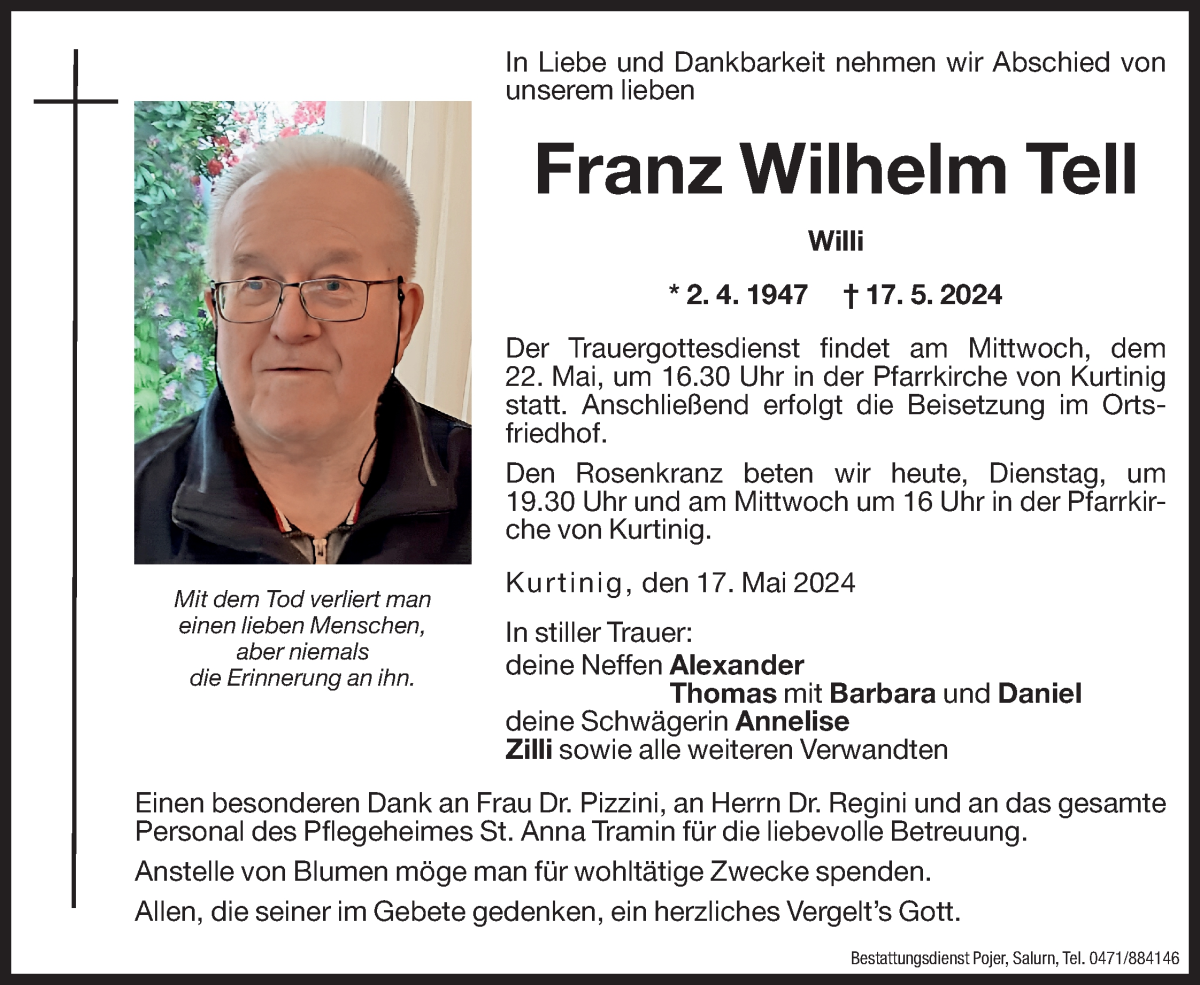  Traueranzeige für Franz Wilhelm Tell vom 21.05.2024 aus Dolomiten
