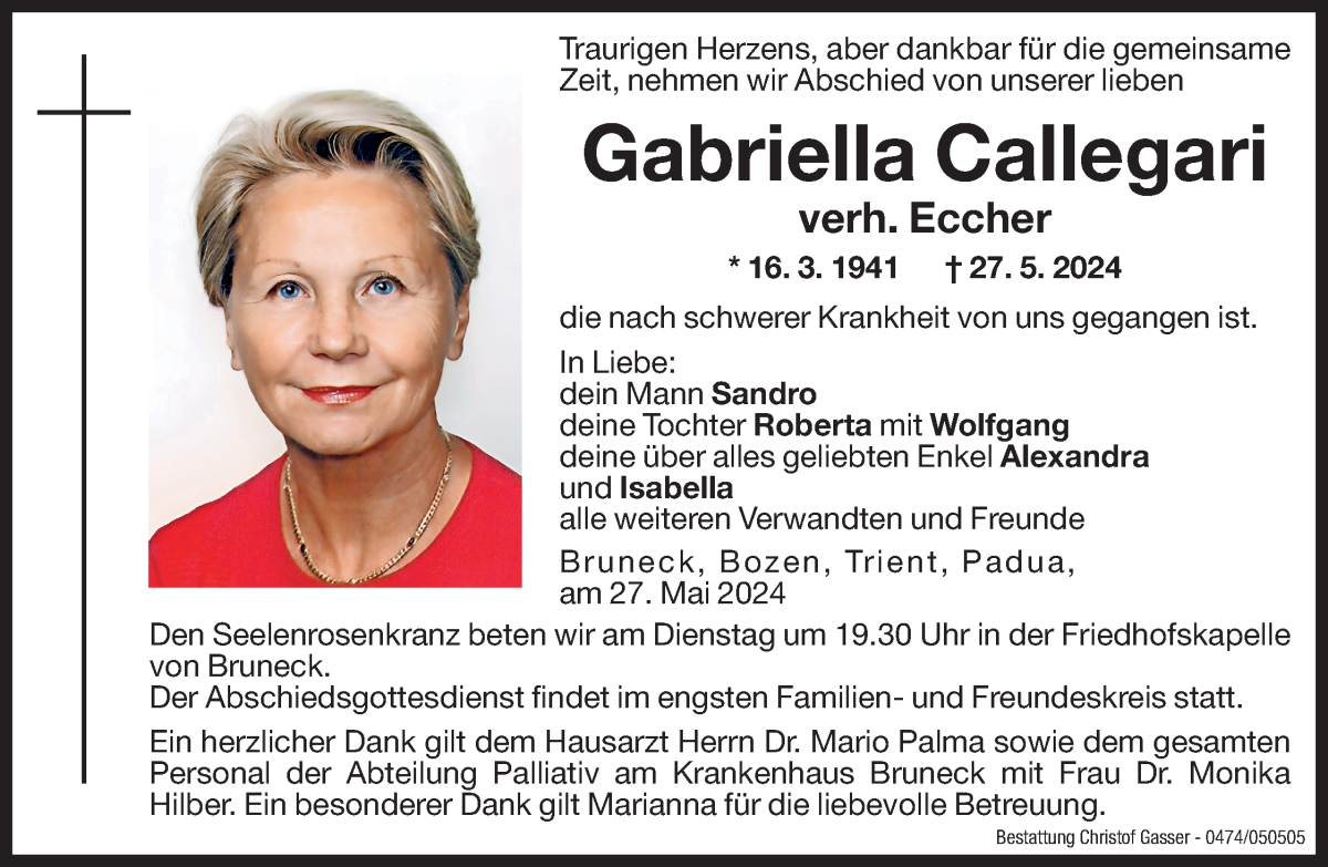  Traueranzeige für Gabriella Eccher vom 28.05.2024 aus Dolomiten