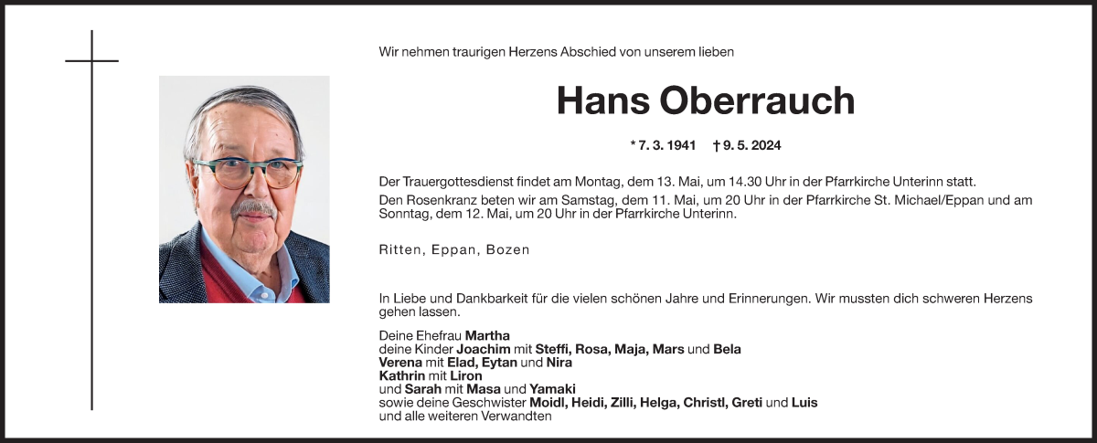  Traueranzeige für Hans Oberrauch vom 11.05.2024 aus Dolomiten