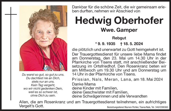 Traueranzeige von Hedwig Gamper von Dolomiten