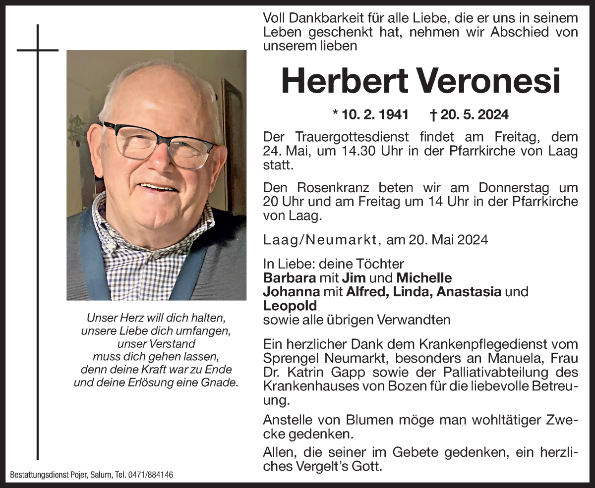  Traueranzeige für Herbert Veronesi vom 22.05.2024 aus Dolomiten