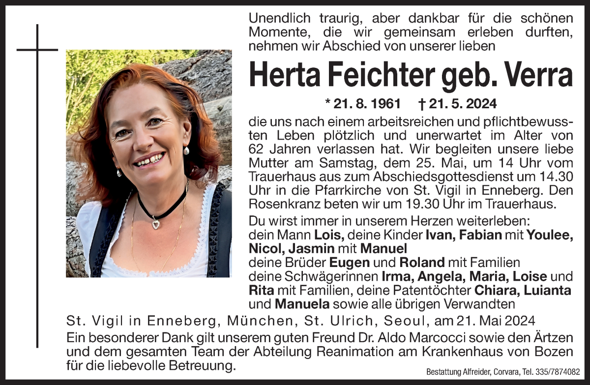  Traueranzeige für Herta Feichter vom 23.05.2024 aus Dolomiten