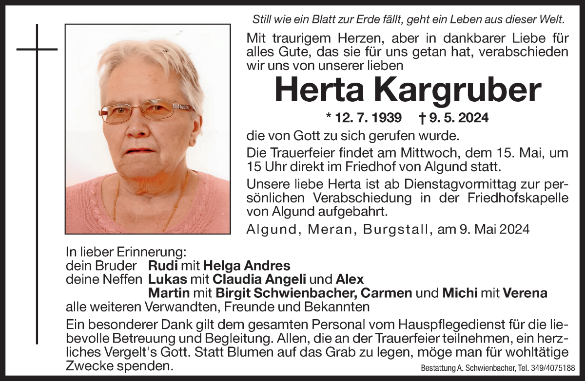  Traueranzeige für Herta Kargruber vom 11.05.2024 aus Dolomiten