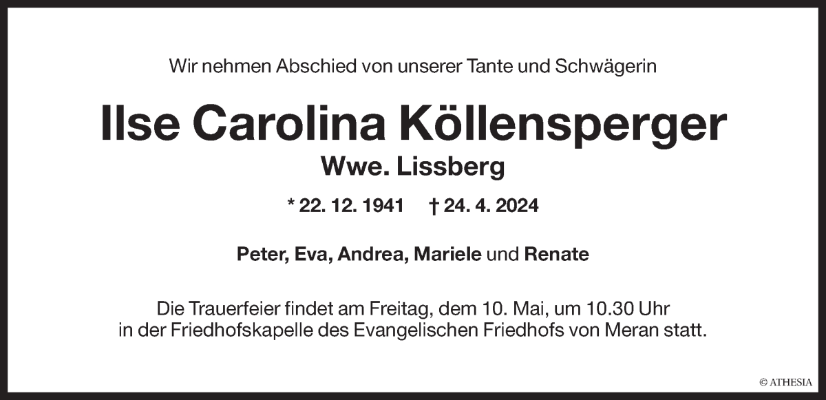  Traueranzeige für Ilse Carolina Lissberg vom 08.05.2024 aus Dolomiten