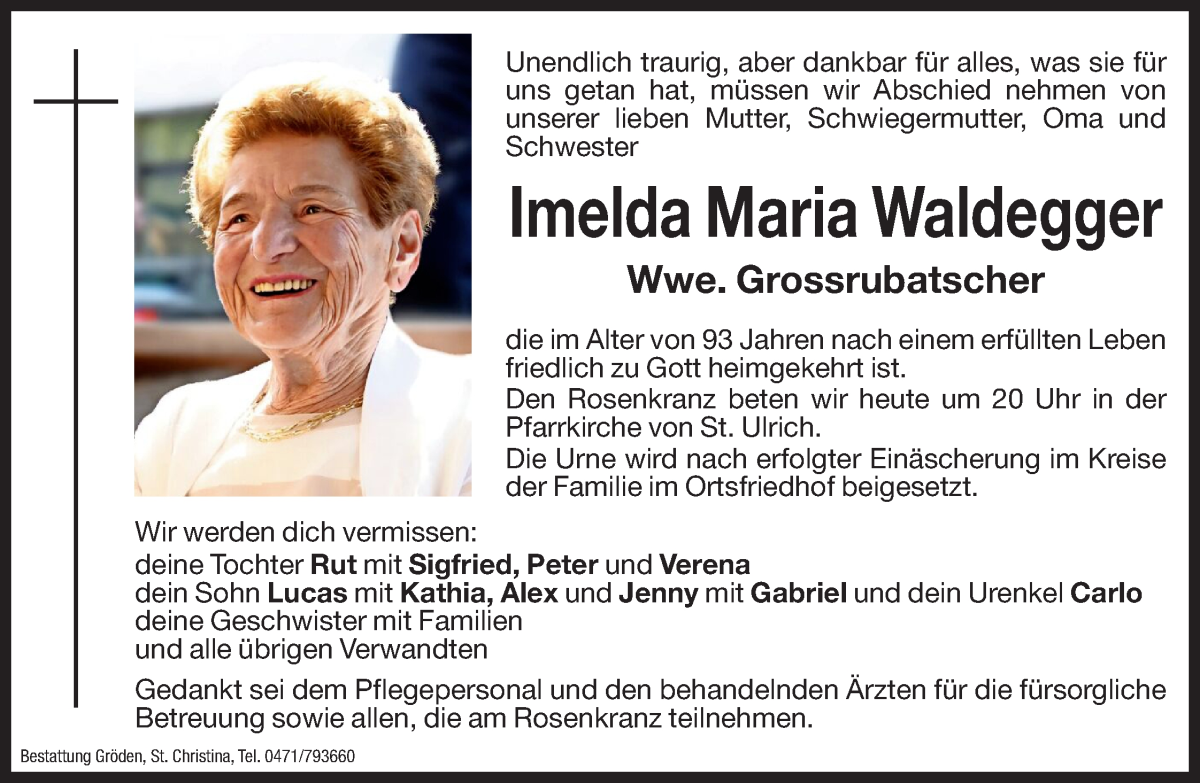  Traueranzeige für Imelda Maria Grossrubatscher vom 04.05.2024 aus Dolomiten