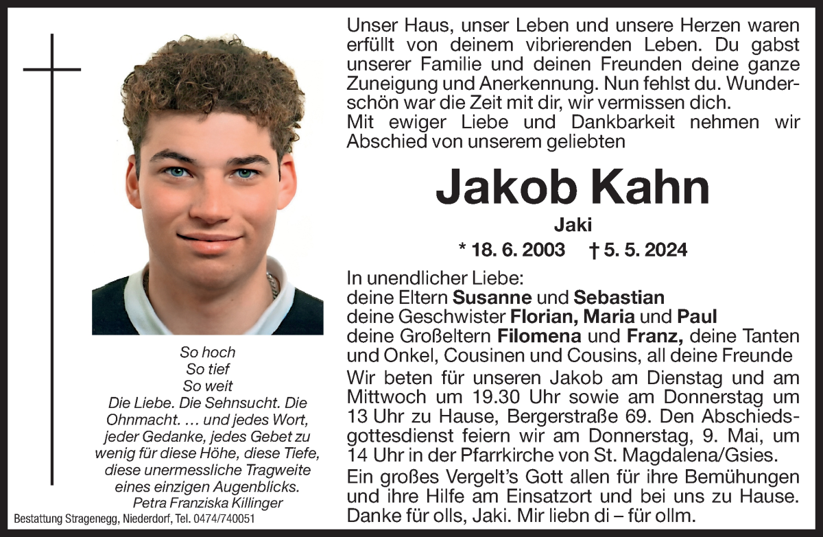  Traueranzeige für Jakob Kahn vom 07.05.2024 aus Dolomiten