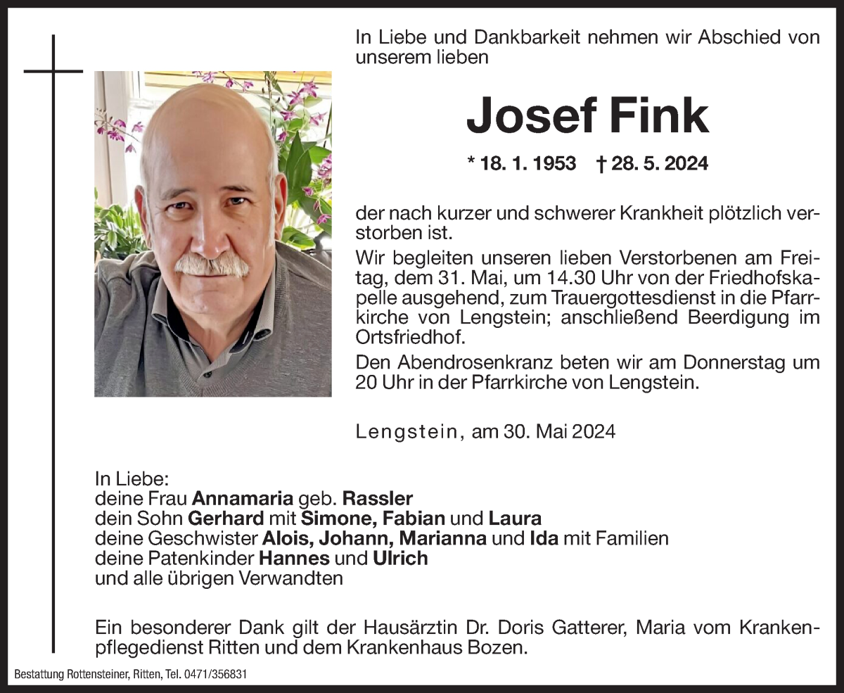  Traueranzeige für Josef Fink vom 30.05.2024 aus Dolomiten