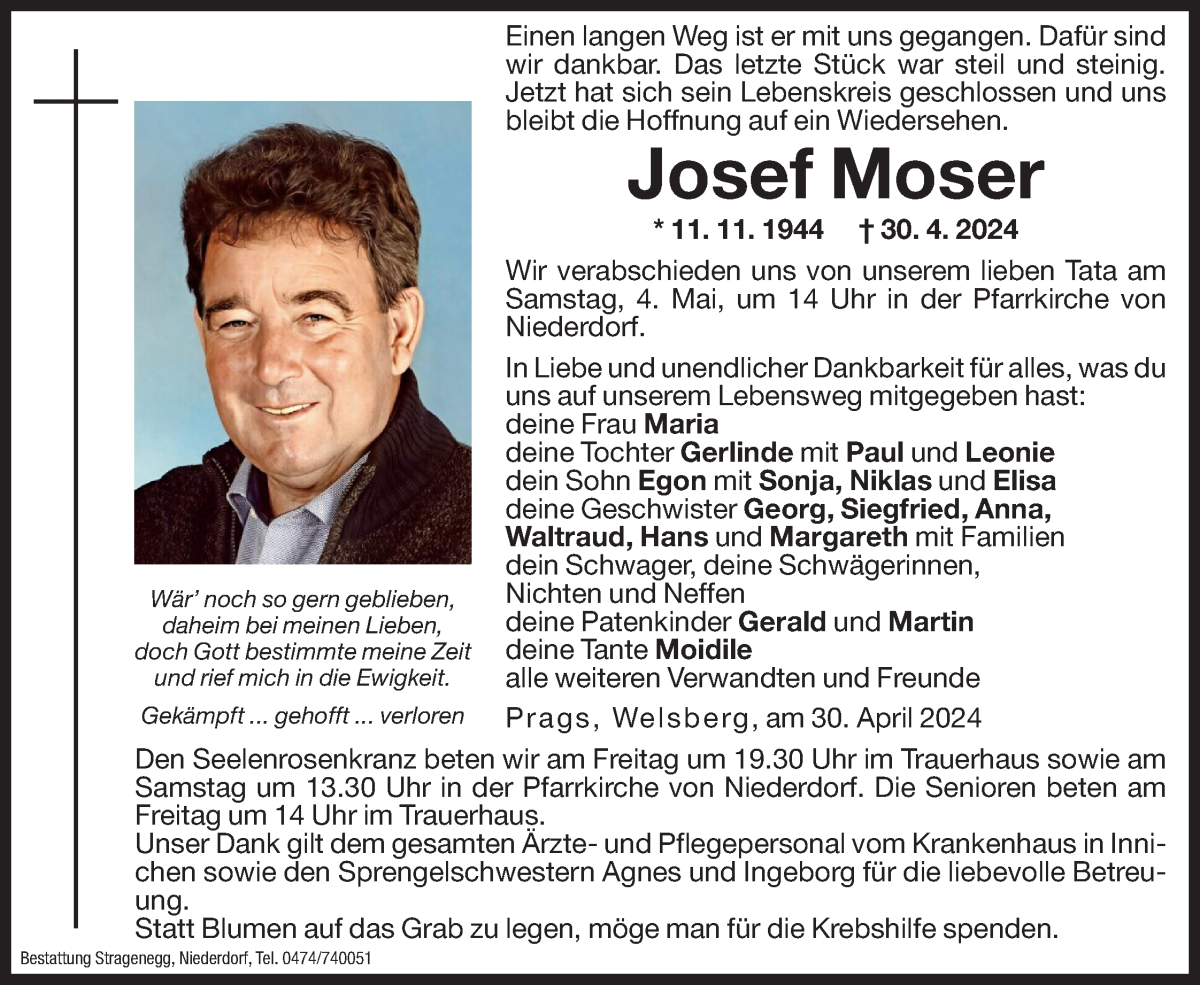  Traueranzeige für Josef Moser vom 03.05.2024 aus Dolomiten