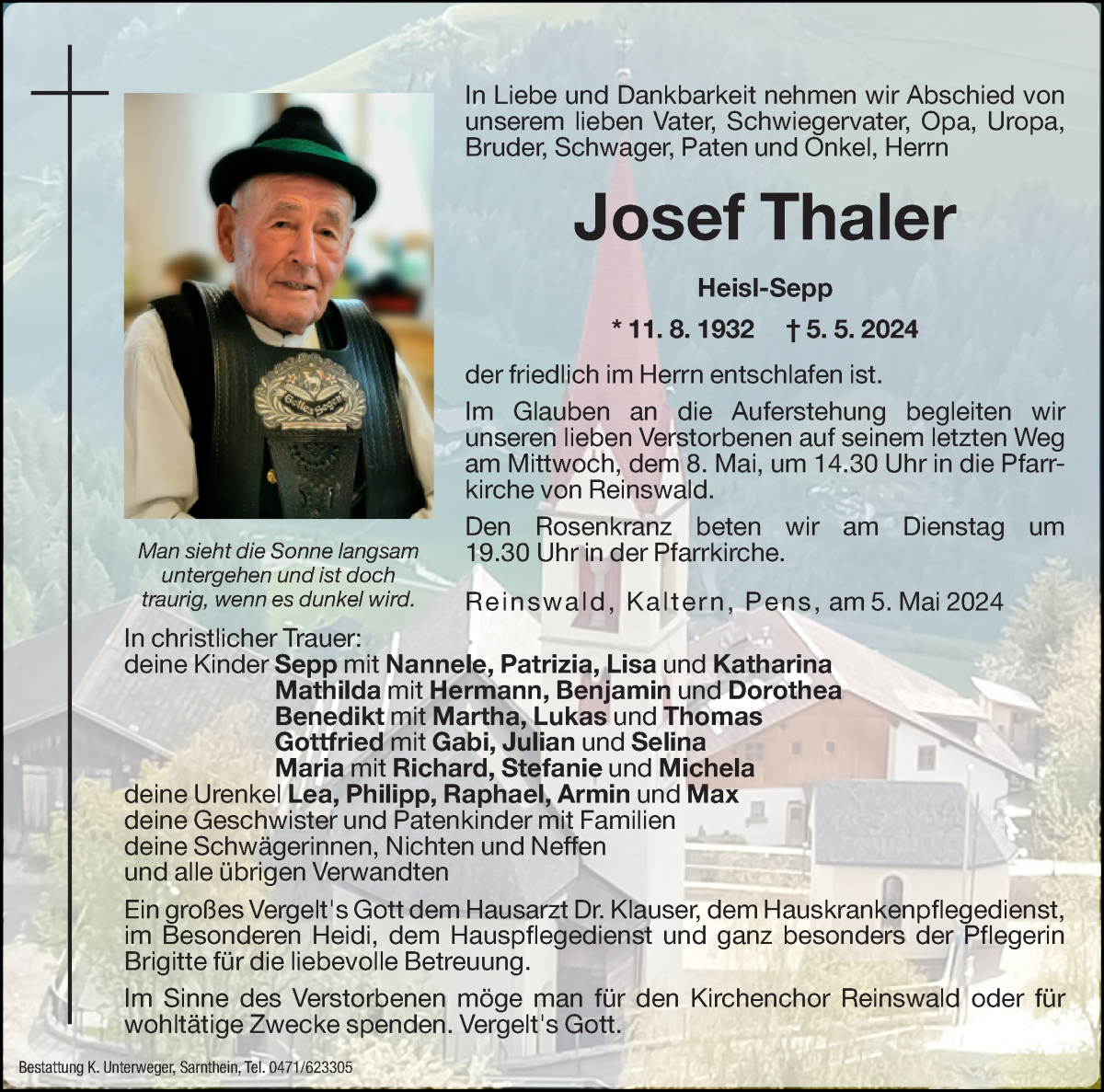  Traueranzeige für Josef Thaler vom 07.05.2024 aus Dolomiten