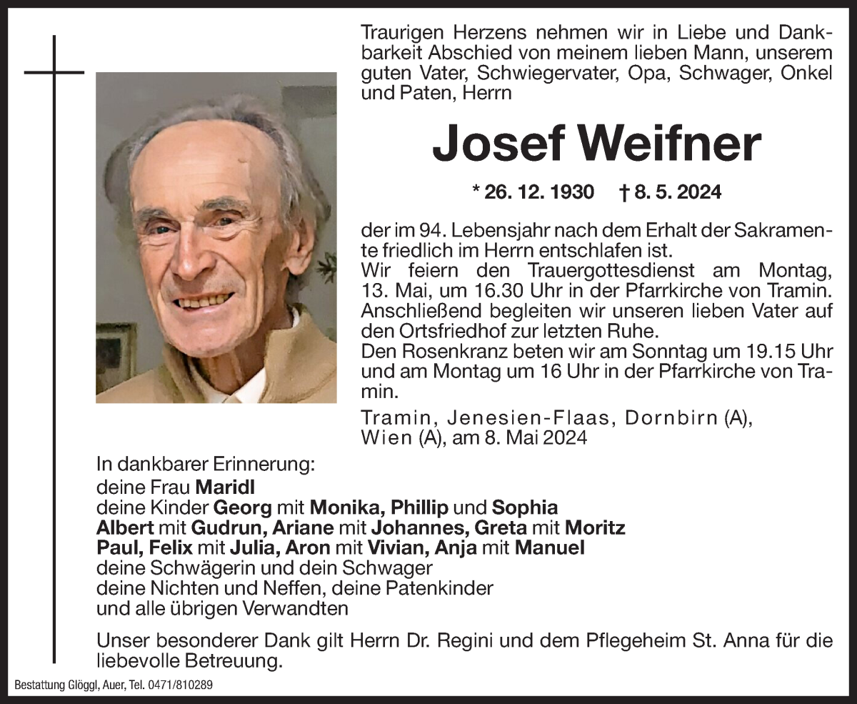  Traueranzeige für Josef Weifner vom 10.05.2024 aus Dolomiten