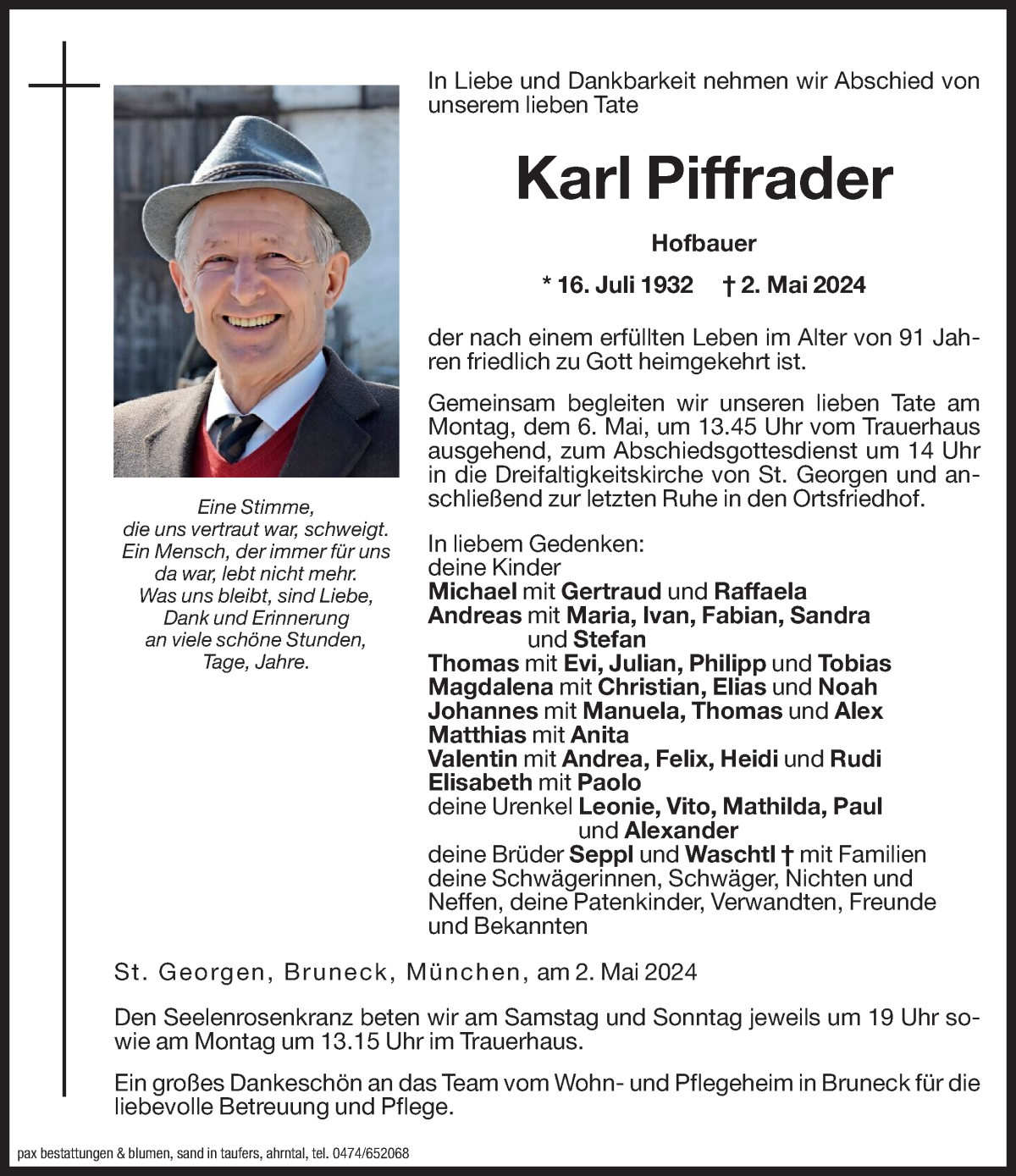  Traueranzeige für Karl Piffrader vom 03.05.2024 aus Dolomiten