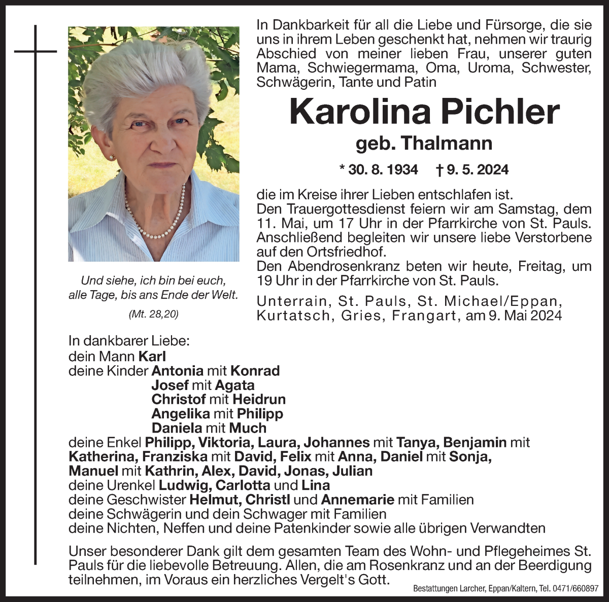  Traueranzeige für Karolina Pichler vom 10.05.2024 aus Dolomiten
