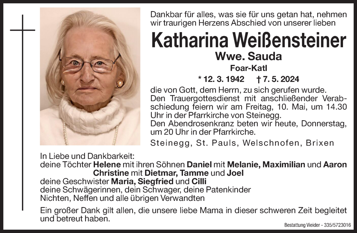  Traueranzeige für Katharina Weißensteiner vom 09.05.2024 aus Dolomiten