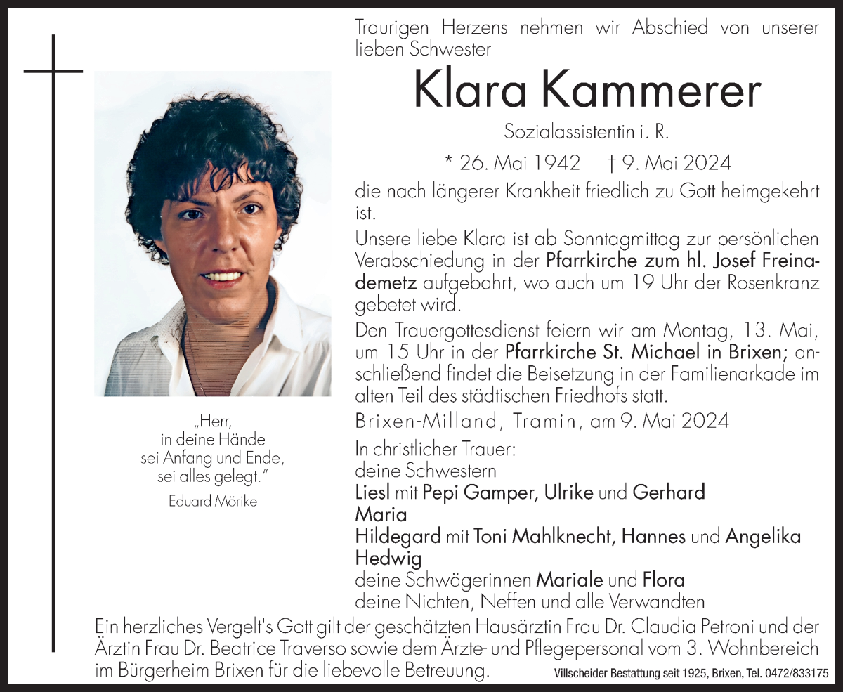  Traueranzeige für Klara Kammerer vom 11.05.2024 aus Dolomiten
