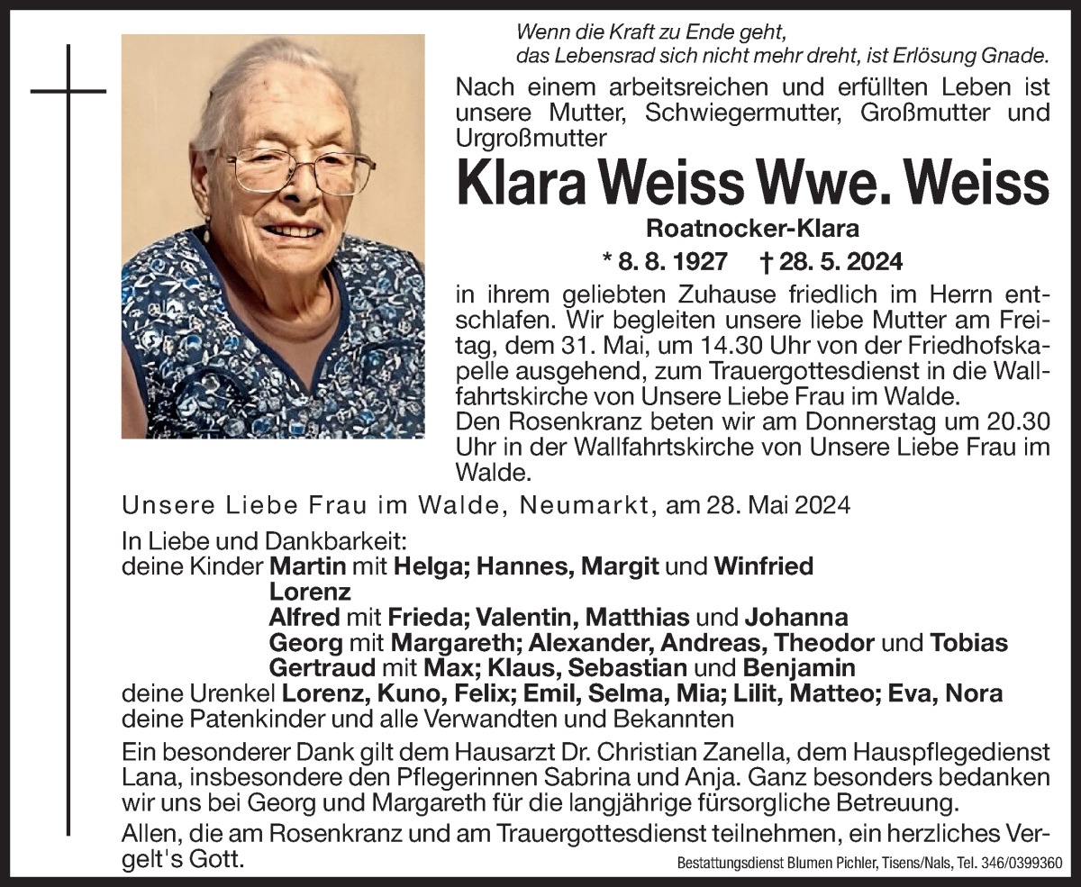  Traueranzeige für Klara Weiss vom 30.05.2024 aus Dolomiten