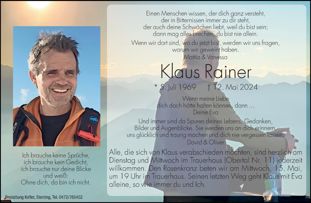 Traueranzeige für Klaus Rainer vom 14.05.2024 aus Dolomiten