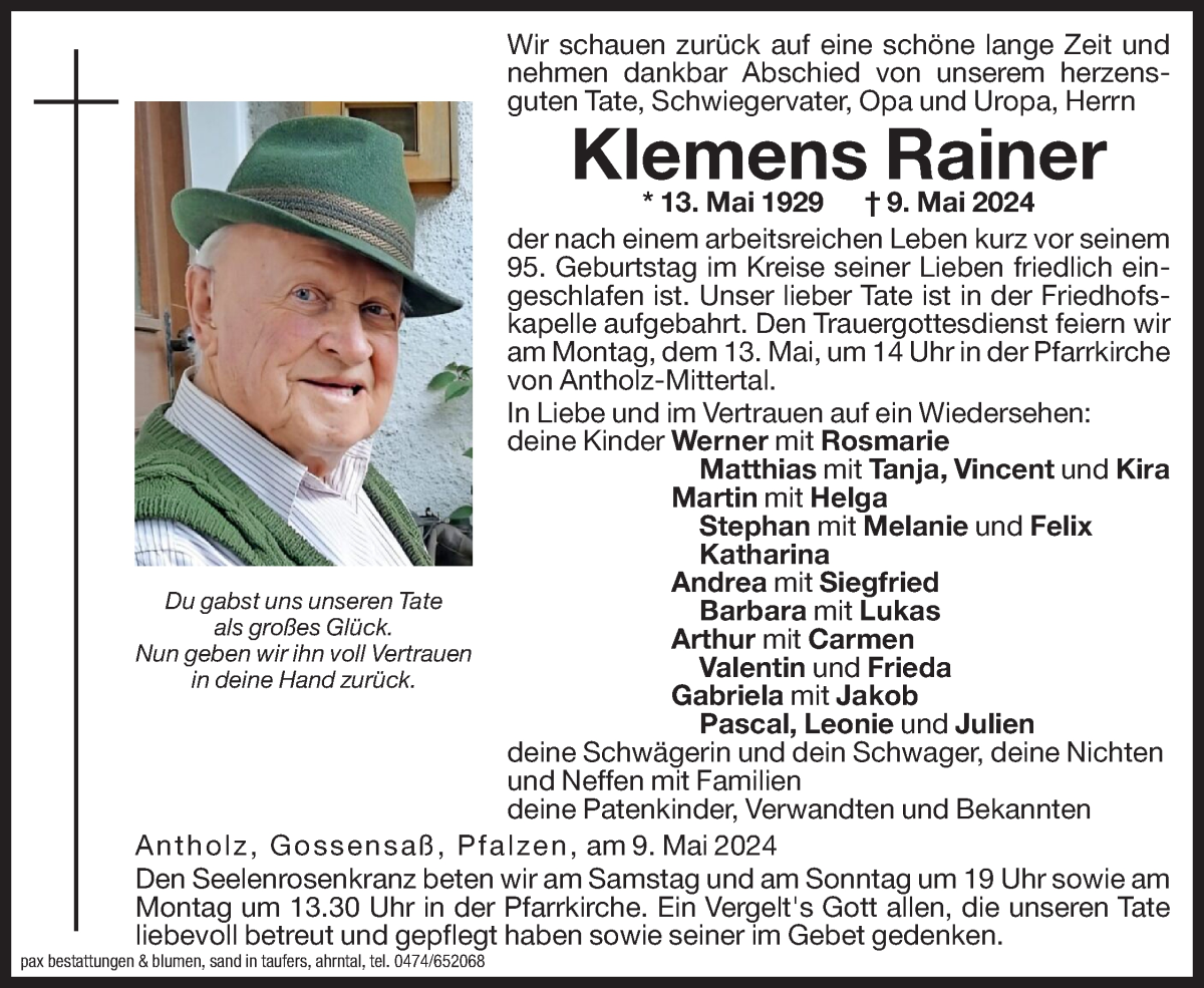  Traueranzeige für Klemens Rainer vom 11.05.2024 aus Dolomiten