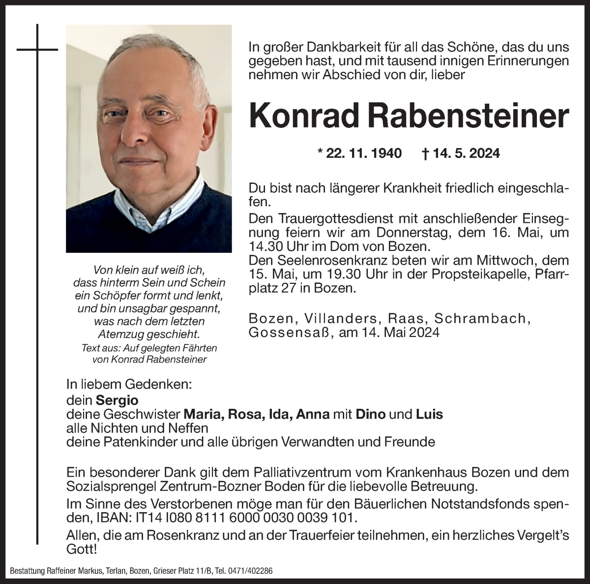  Traueranzeige für Konrad Rabensteiner vom 15.05.2024 aus Dolomiten