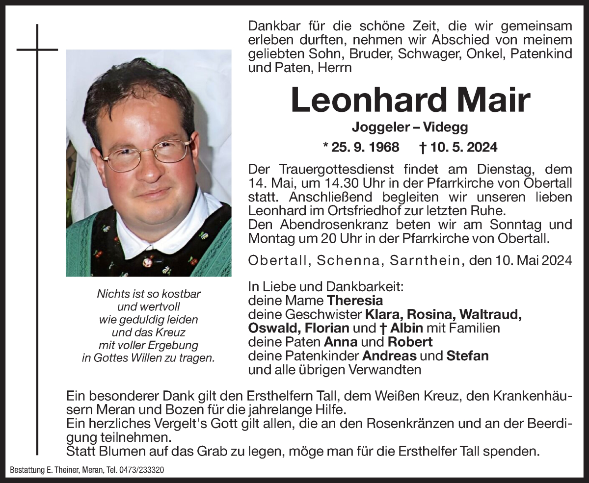  Traueranzeige für Leonhard Mair vom 11.05.2024 aus Dolomiten