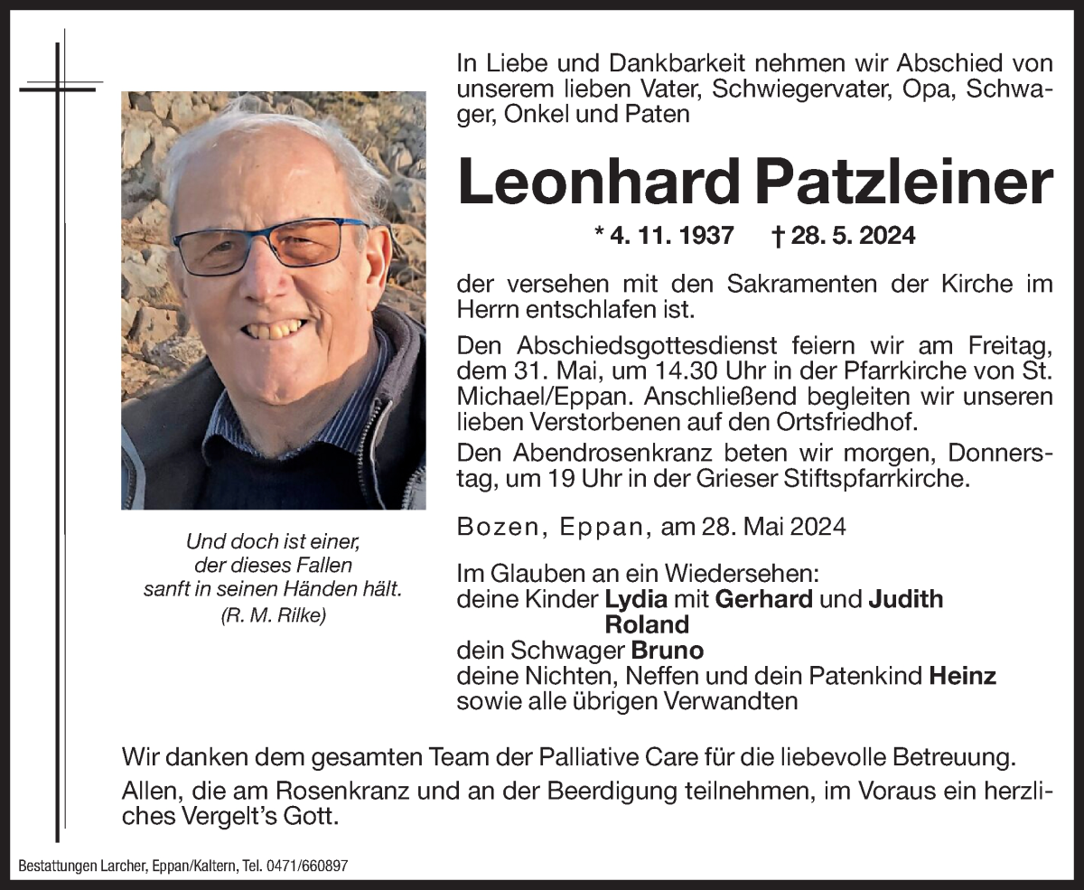  Traueranzeige für Leonhard Patzleiner vom 29.05.2024 aus Dolomiten