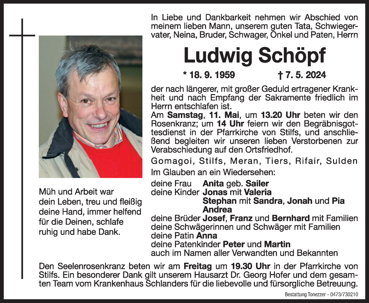  Traueranzeige für Ludwig Schöpf vom 10.05.2024 aus Dolomiten