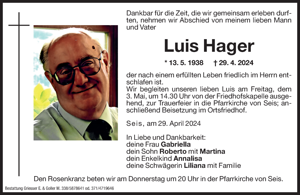  Traueranzeige für Luis Hager vom 03.05.2024 aus Dolomiten