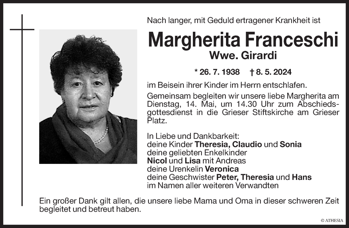  Traueranzeige für Margherita Girardi vom 10.05.2024 aus Dolomiten