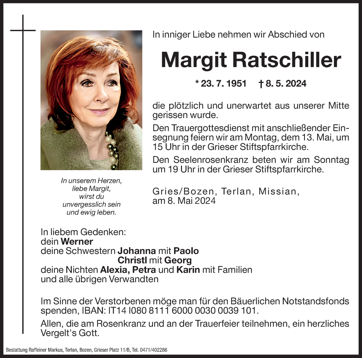  Traueranzeige für Margit Ratschiller vom 10.05.2024 aus Dolomiten