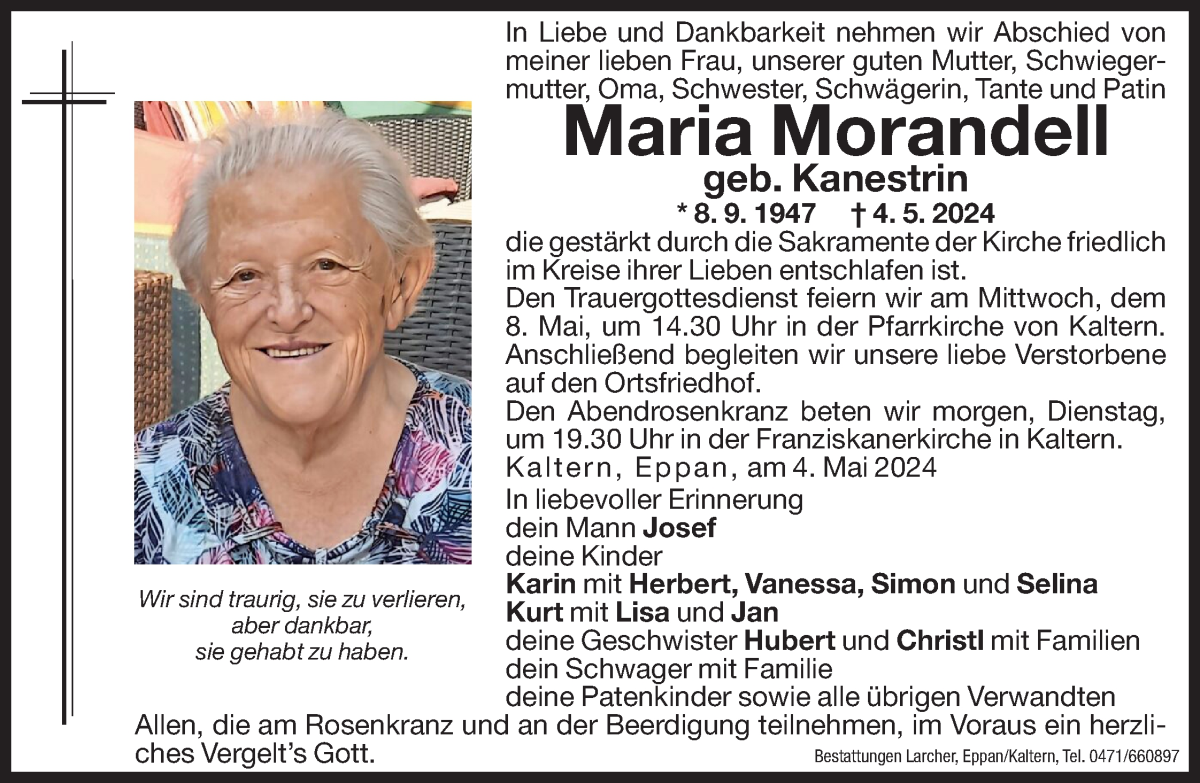  Traueranzeige für Maria Morandell vom 06.05.2024 aus Dolomiten