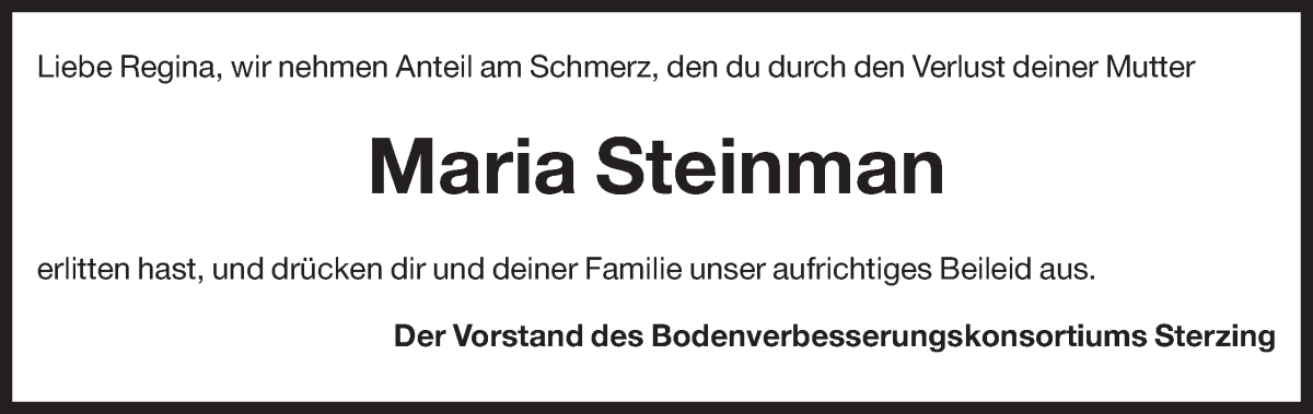  Traueranzeige für Maria Steinman vom 21.05.2024 aus Dolomiten