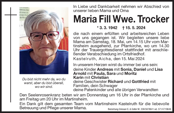 Traueranzeigen von Maria Trocker | Trauer.bz