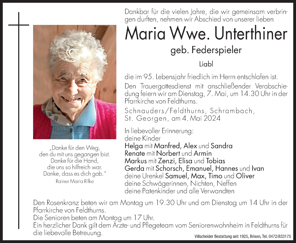 Traueranzeige für Maria Unterthiner vom 06.05.2024 aus Dolomiten