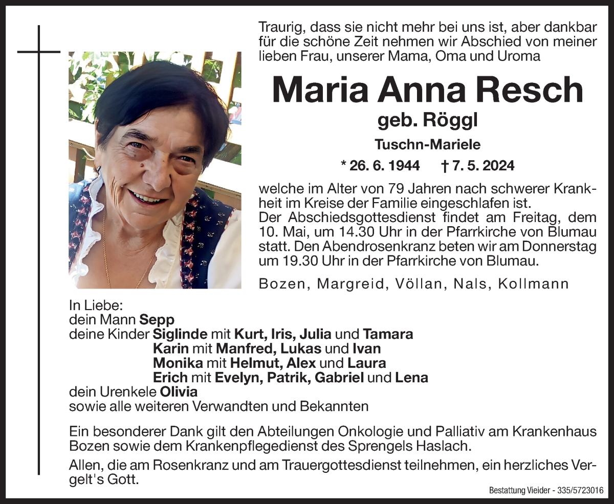  Traueranzeige für Maria Anna Resch vom 08.05.2024 aus Dolomiten