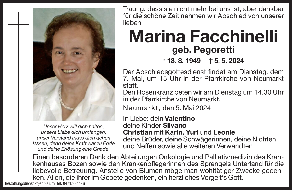  Traueranzeige für Marina Facchinelli vom 06.05.2024 aus Dolomiten