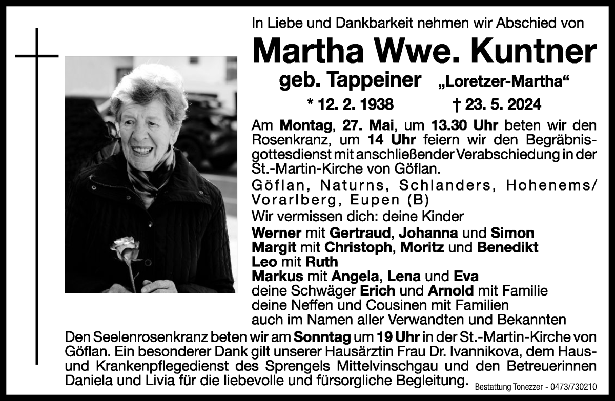  Traueranzeige für Martha Kuntner vom 25.05.2024 aus Dolomiten