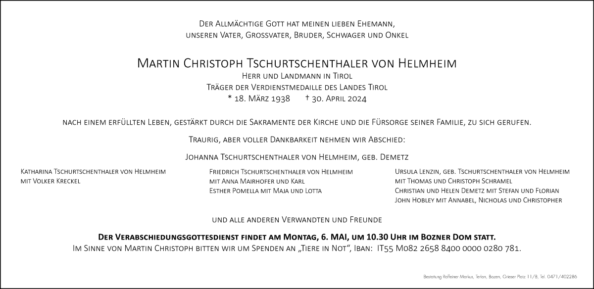  Traueranzeige für Martin Christoph Tschurtschenthaler von Helmheim vom 03.05.2024 aus Dolomiten