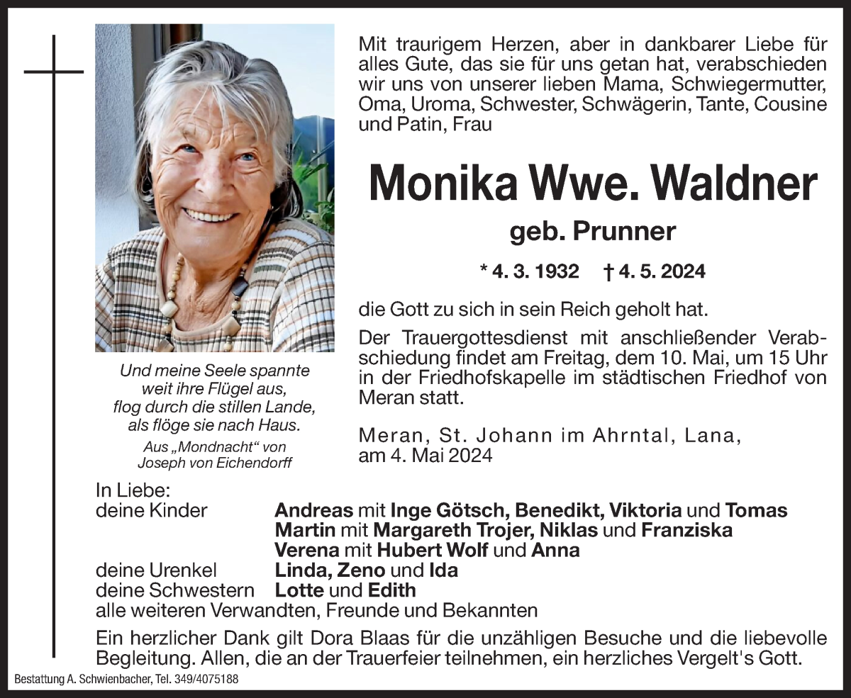  Traueranzeige für Monika Waldner vom 07.05.2024 aus Dolomiten