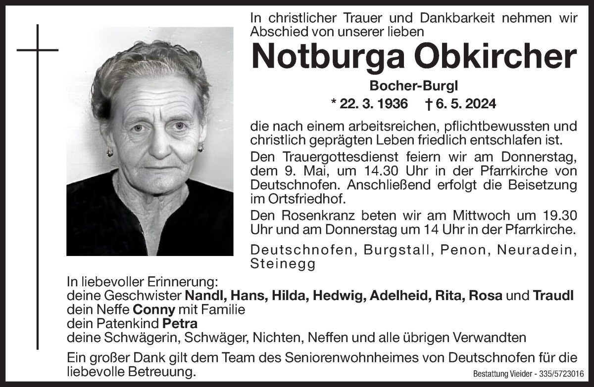  Traueranzeige für Notburga Obkircher vom 08.05.2024 aus Dolomiten
