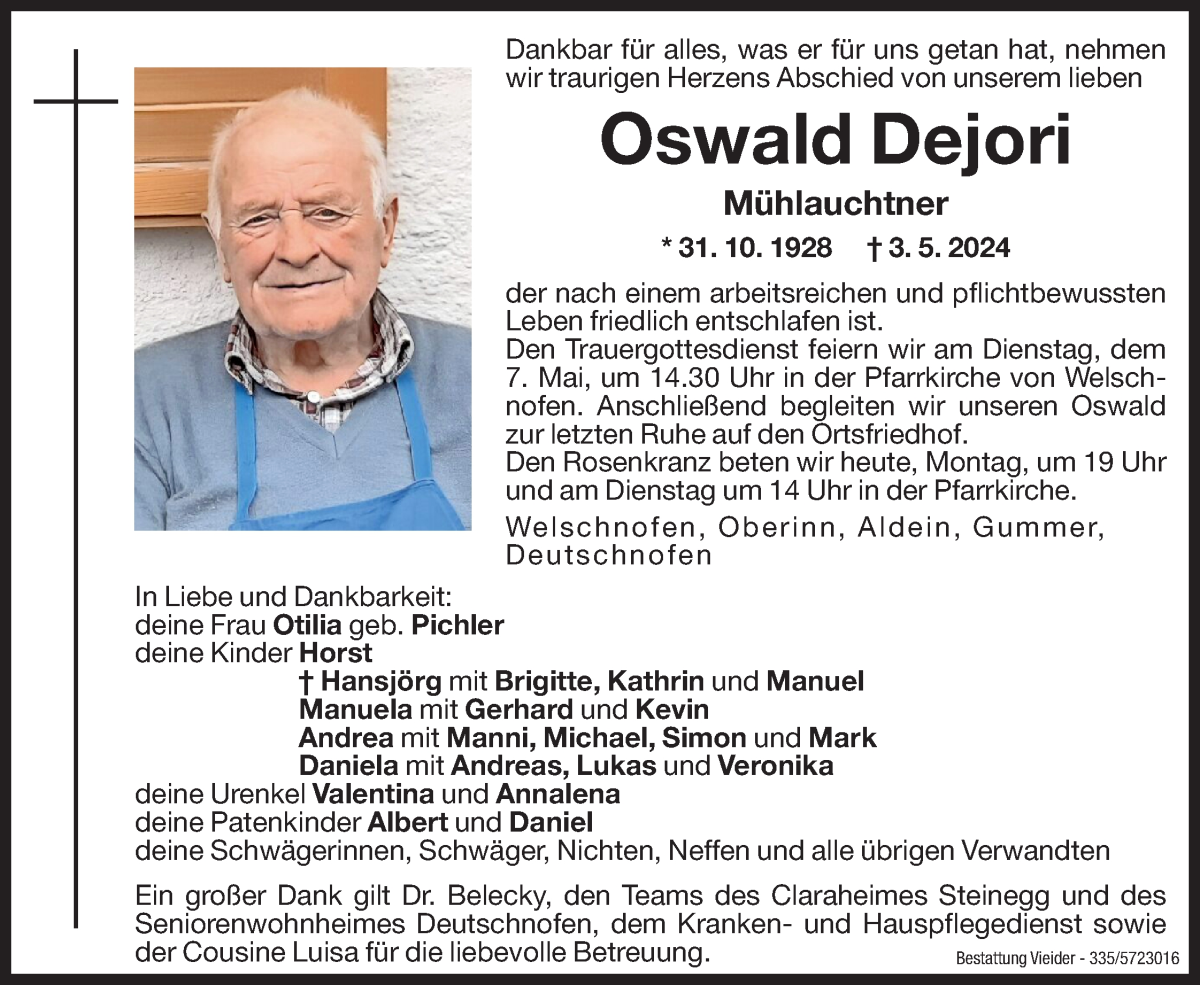  Traueranzeige für Oswald Dejori vom 06.05.2024 aus Dolomiten