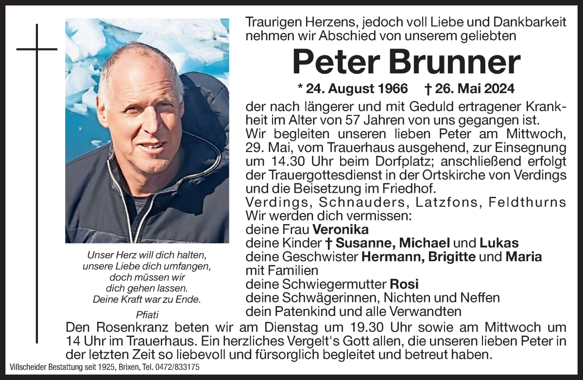  Traueranzeige für Peter Brunner vom 28.05.2024 aus Dolomiten