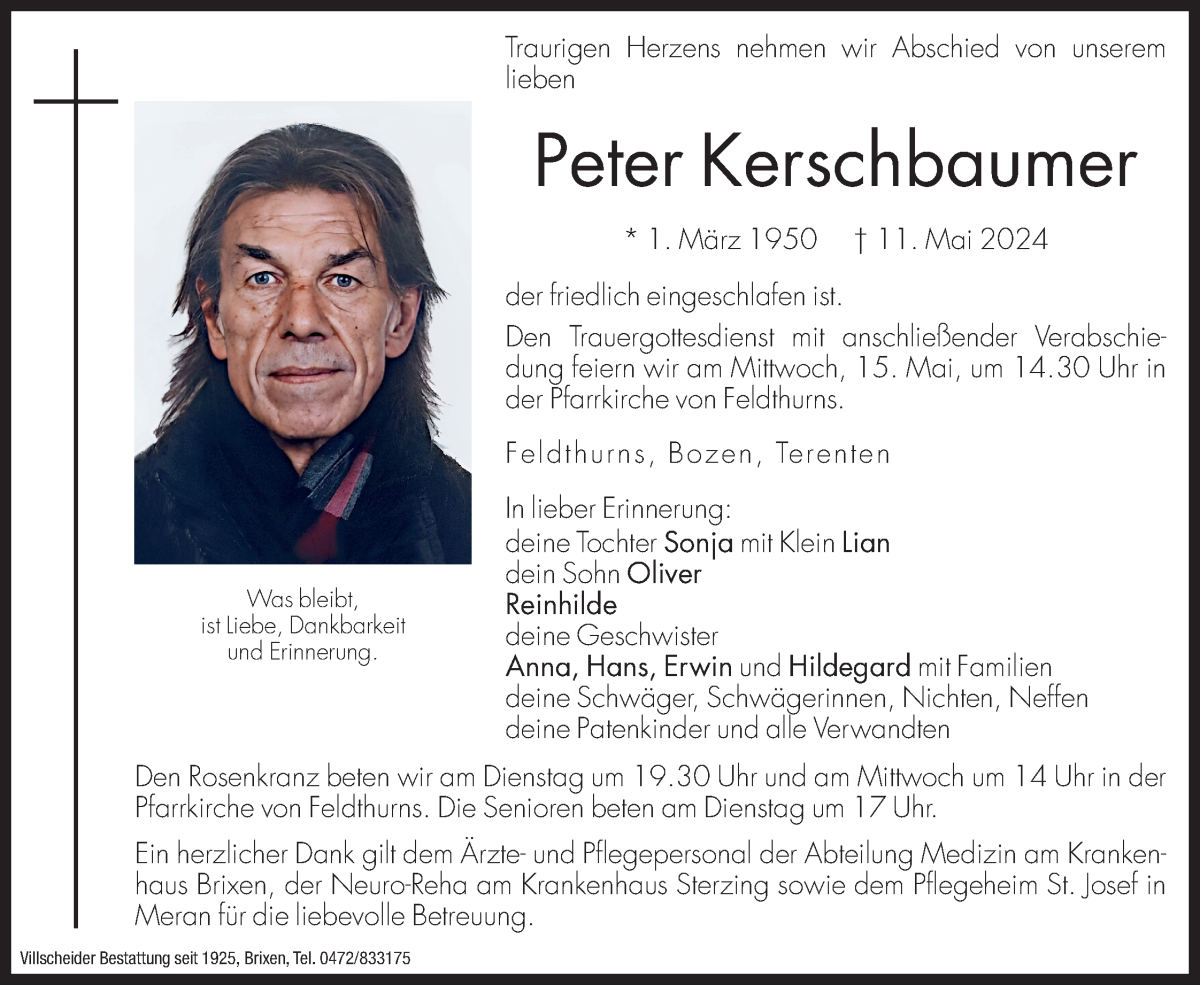  Traueranzeige für Peter Kerschbaumer vom 13.05.2024 aus Dolomiten