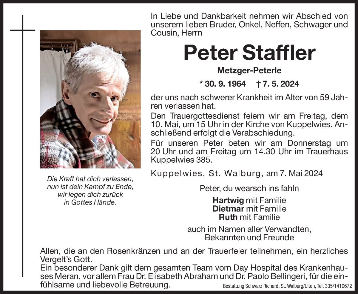  Traueranzeige für Peter Staffler vom 09.05.2024 aus Dolomiten