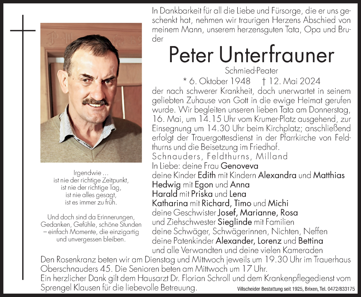  Traueranzeige für Peter Unterfrauner vom 14.05.2024 aus Dolomiten