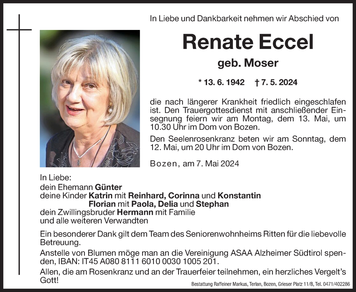  Traueranzeige für Renate Eccel vom 10.05.2024 aus Dolomiten