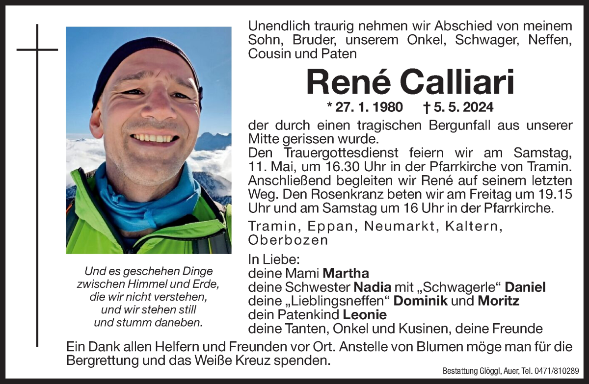  Traueranzeige für René Calliari vom 09.05.2024 aus Dolomiten