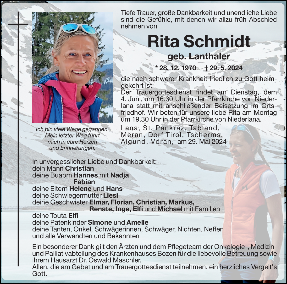  Traueranzeige für Rita Schmidt vom 31.05.2024 aus Dolomiten