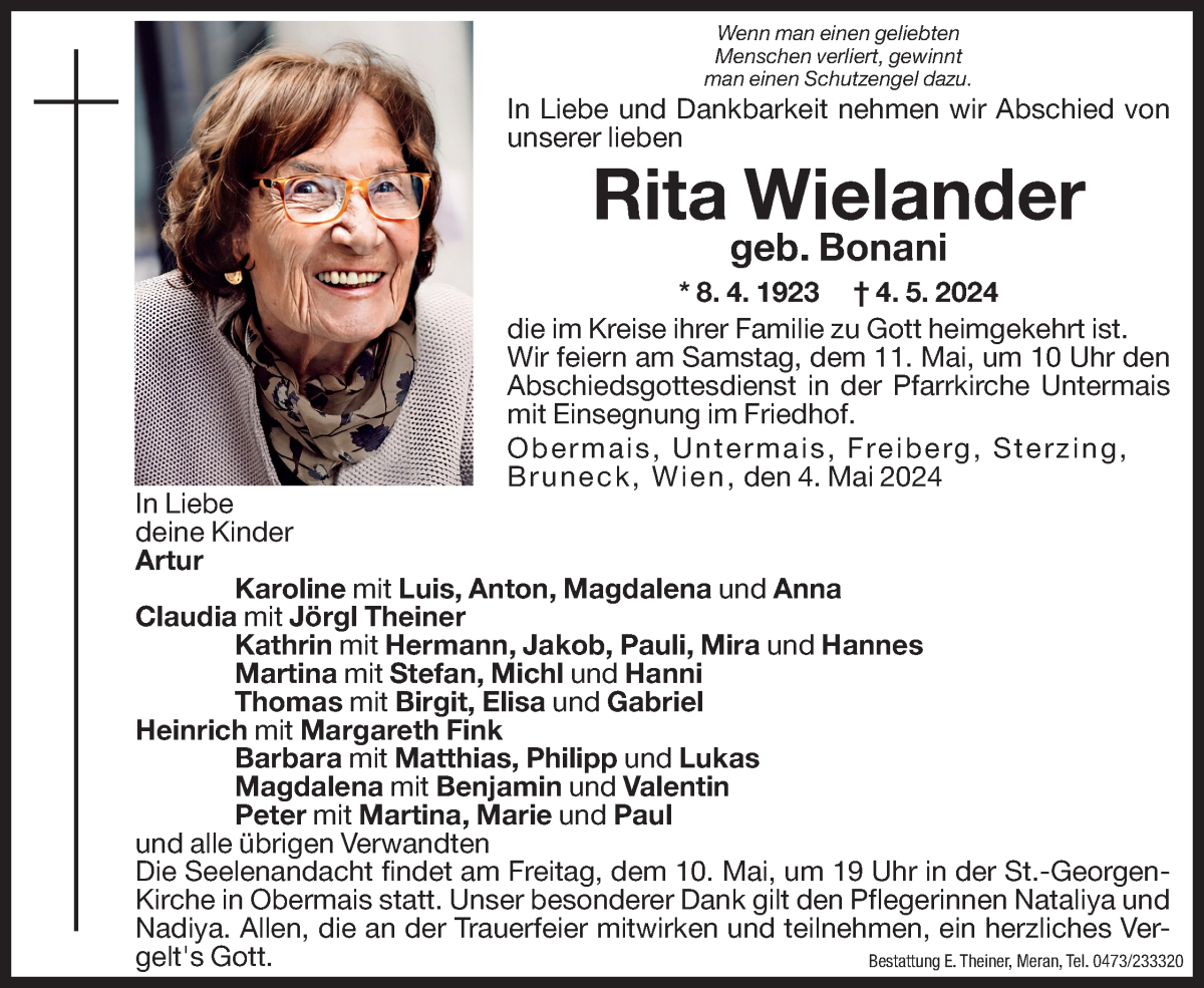  Traueranzeige für Rita Wielander vom 08.05.2024 aus Dolomiten